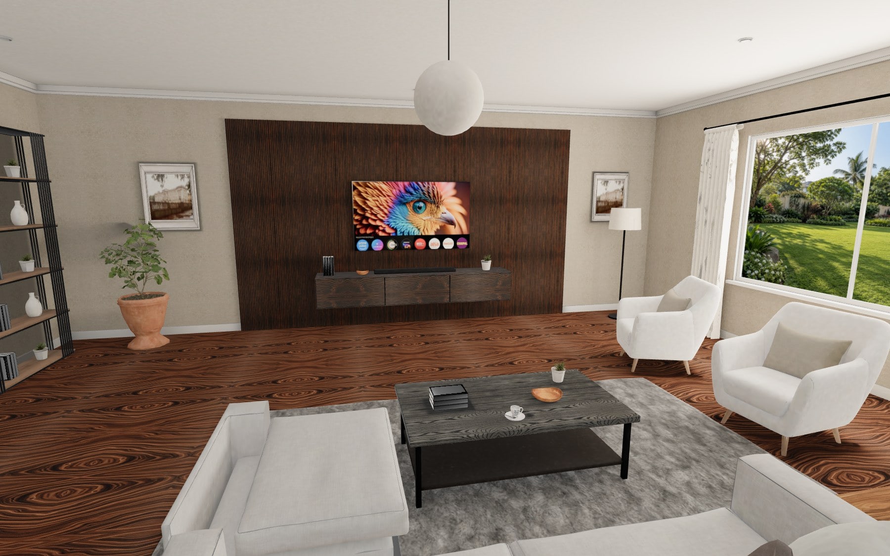 Living room render: walnut slat feature wall, media unit and rosewood laminate floor in daylight