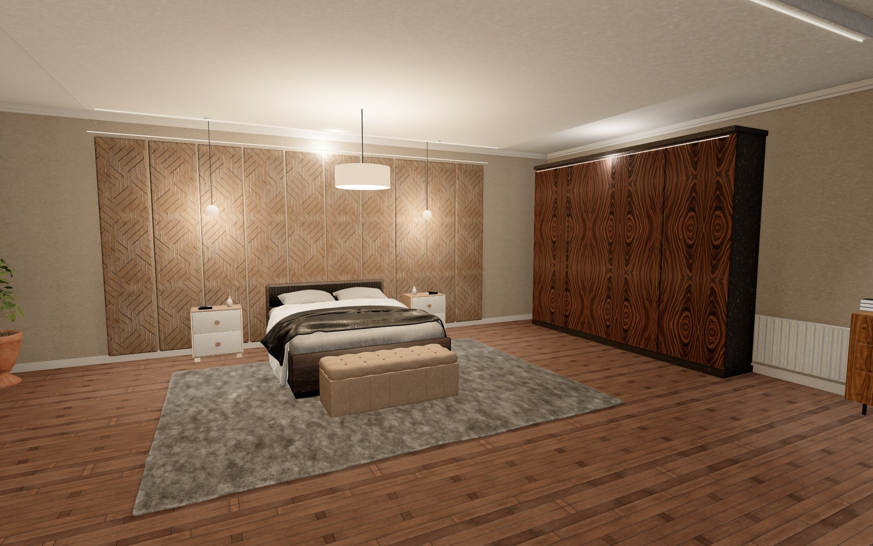 Bedroom rendered at night by the visualizer: carved walnut headboard wall under pendant and cove lighting