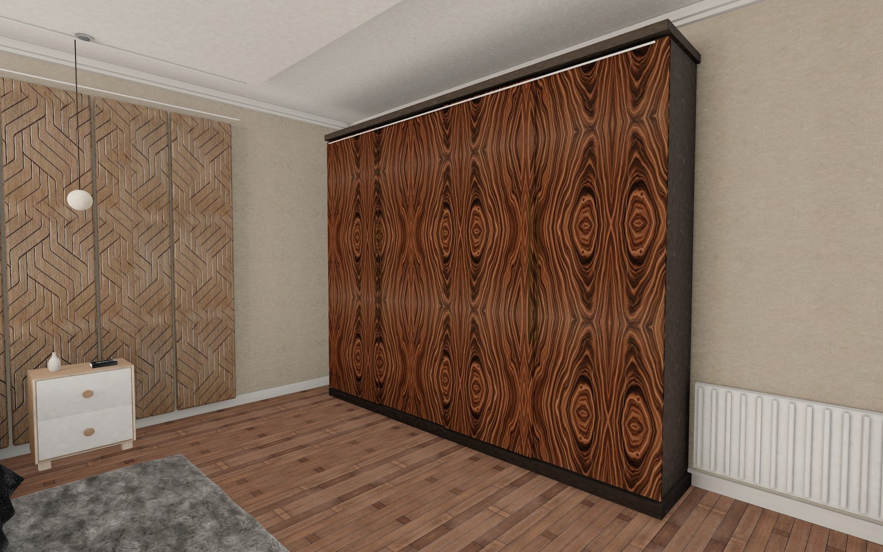Bedroom render with the sliding wardrobe in dark Santos Rosewood laminate